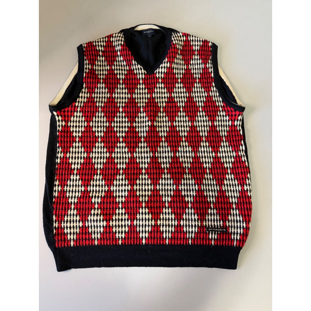 Burberry Golf Mens Argyle Sweater Vest Red Black V-Neck Large